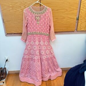 Pink and Gold Indian Gown with Dupatta and Gown and off white Floral work